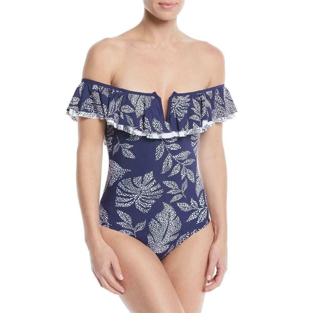 Red Carter Womens Amazon‎ Jungle Off Shoulder Maillot Navy One Piece Swimsuit L